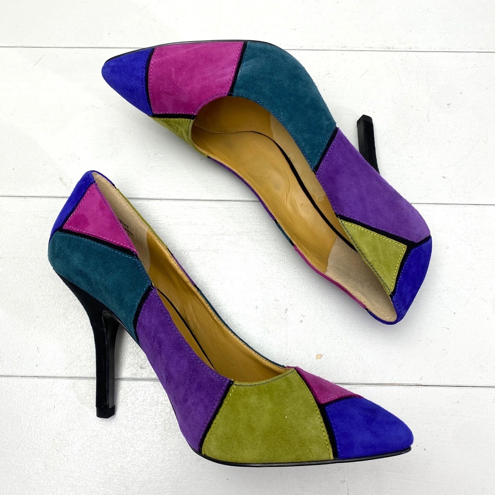 Vtg Nine West Boogie Down Patchwork Suede Pumps Womens 7M Multi Stiletto y2k